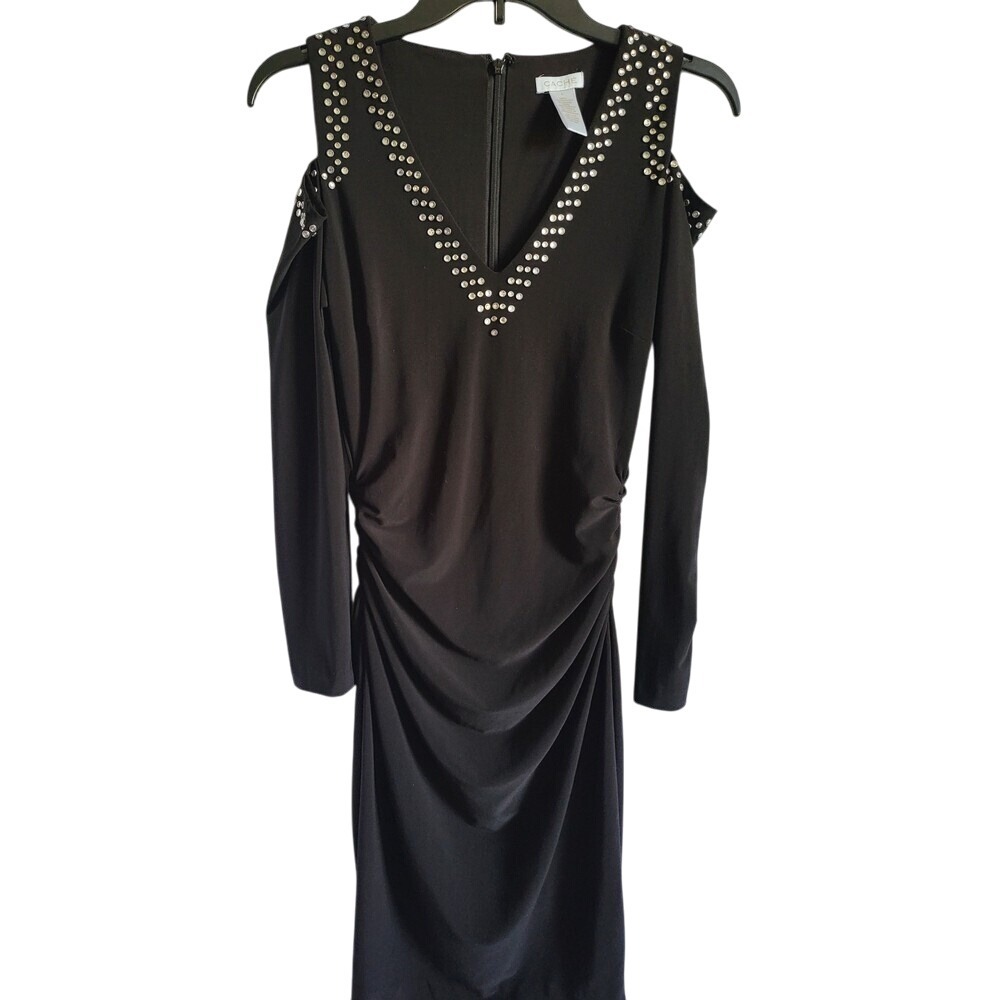 Cache Women's Black Rhinestone Cold Shoulder V-Neck Ruched Bodycon Party Dress 4